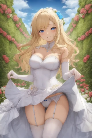 Pelo medio, Cabello ondulado, Riendo, Pechos pequeños, Levantarse la falda, Pantalones, Falda, Obra maestra, Campo de flores, Vestido de novia, Vestido